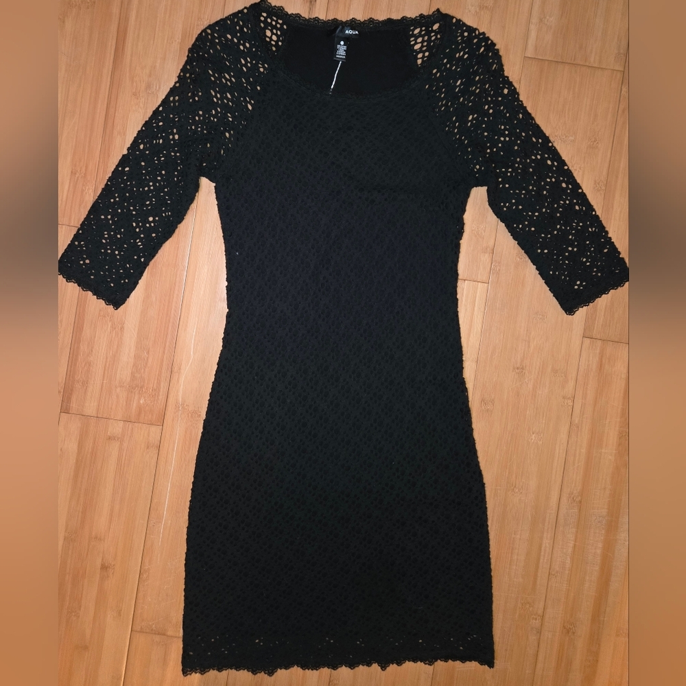 Aqua Black Crochet Long Sleeve Dress